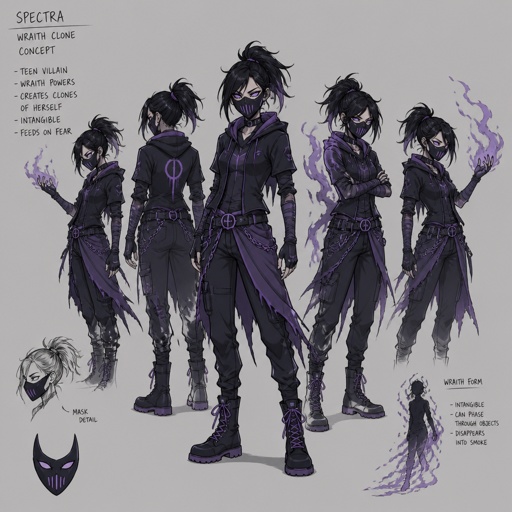 Female teen Villian with wraith powers, mask, multiple of the same character