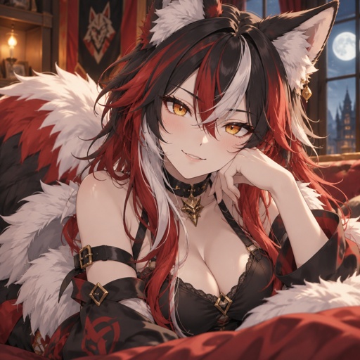 Wolf furry, woman, beautiful, golden eyes, red white and black hair, beautiful 