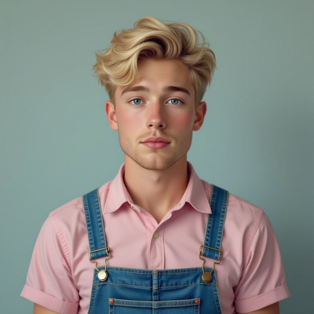 Japanese male looks 19-years old blonde hair blue eyes no bear wearing a light pink shirt with overalls has a bit of chubby cheeks looks a bit feminine and a bit frail no button shirt