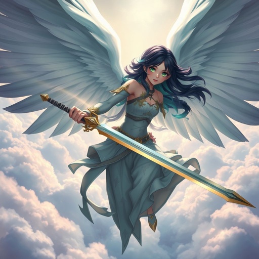 A teenage girl. Pale skin, glowing emerald eyes, angelic wings and a two-piece godlike clothing. Hair as black as coal with cyan tips holding a legendary sword flying above the clouds