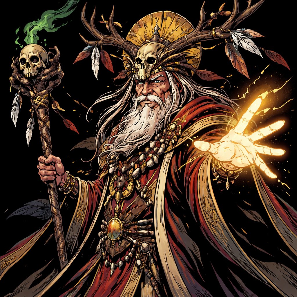 Realistic, refined a shaman dressed like a strange priest is issuing a benediction we see him in three-quarter view from the left. The background is black. There are no speech bubbles.