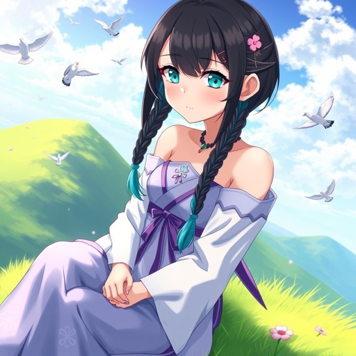 A young female with fair skin and vibrant teal eyes. Black hair with cyan tips in the form of two short braids. Wearing a goddess two-piece outfit (top and trousers) sitting on a hill watching pigeons fly from a very far distance
