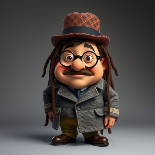 Create a funny fat character similar to Sherlock Holmes, but make him of black decent and with dread locks. Show his whole outfit including his shoes.