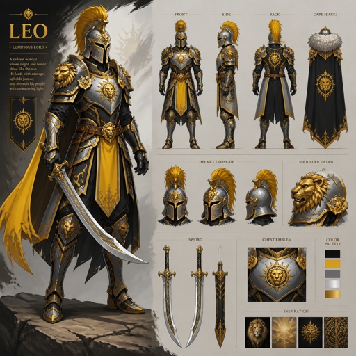 warrior named leo, curved sword, crested, helmet, colors black yellow grey silver gold, luminous lord