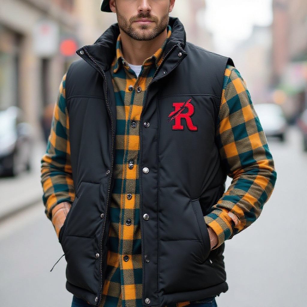 Man in black and light Grey puffer Vest . A Teal and Yellow Flannel underneath. He wears a dark grey leather flat cap with a Red R that’s been slashed