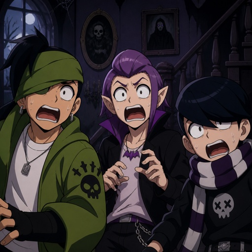 Kenji, Mortis and Edgar from brawl stars wearing modern clothes, in a haunted house, there all scared
