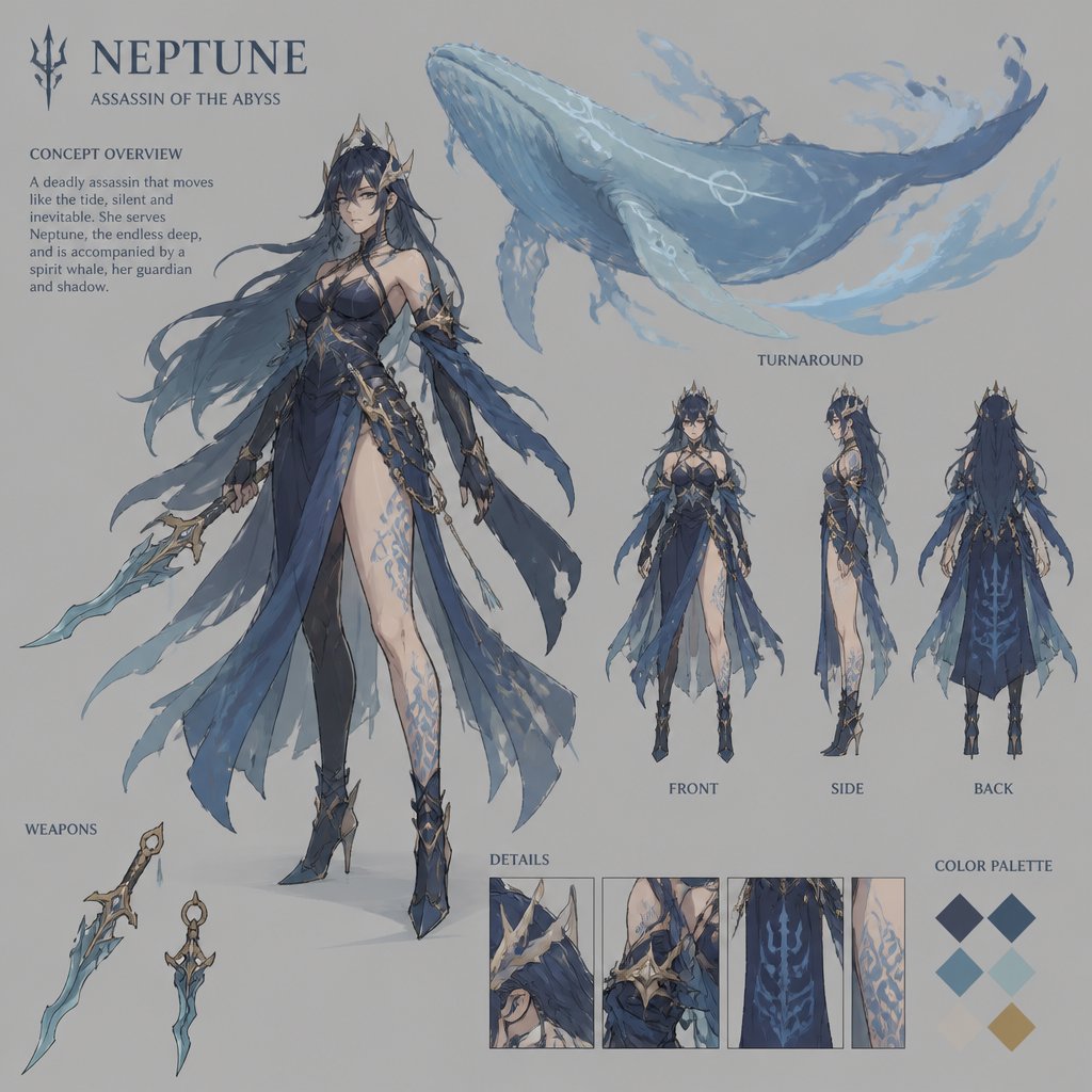 female assassin based on neptune, spirit whale companion