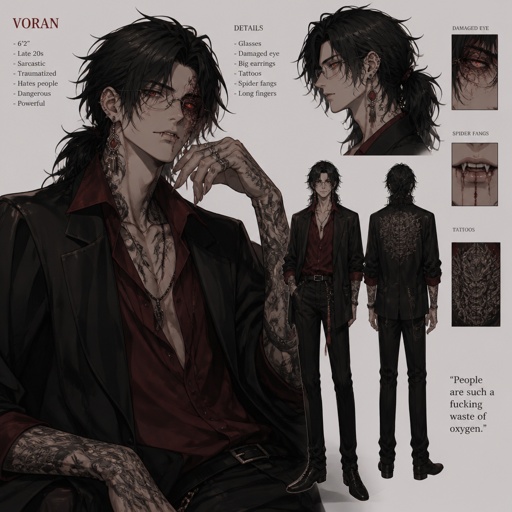 Anime male,hair messy long hair with short ponytail,clean shaven,highly skilled tall,in late 20s,migraines, is sarcastic,red glowing eyes,one eye is severely damaged,serious face,been experiment on for many years until finally found and rescued ,hates people,has power, dangerous,glasses,wears a loose jacket a nice shirt,loves spiders, nice big earrings,tattoos on arms, agrees to help people but on his terms,doesn't remember anything from his past before except the experiments, long scary fingers, spider fangs, traumatized 