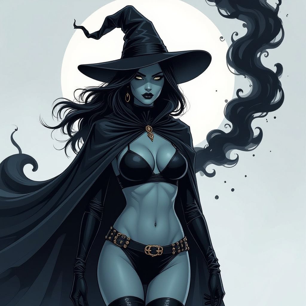 sexy shadow demon witch gypsy slate grey skin large black billowing cloak that emits darkness and shadow. Two piece