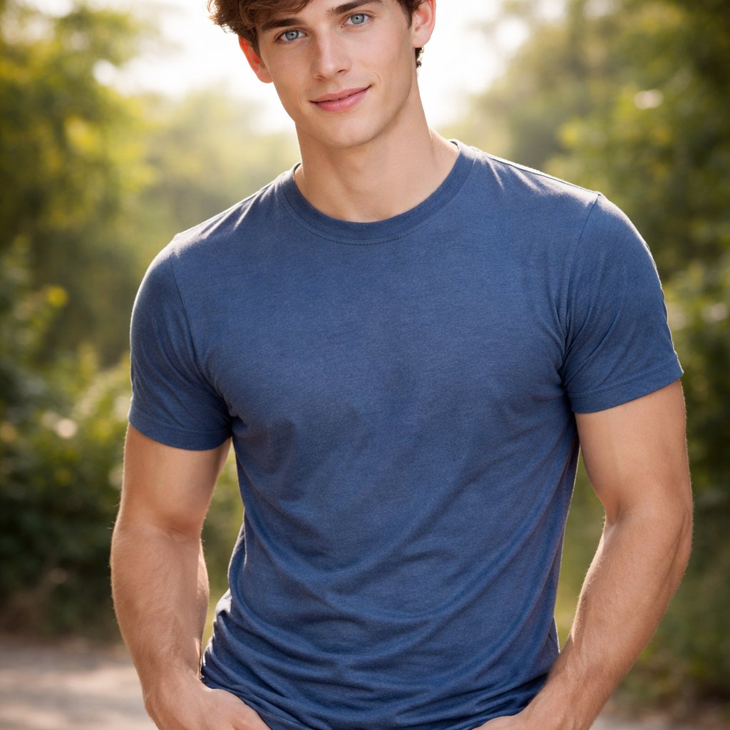 A 19 year old boy who has brown hair and blue eyes. He is wearing a blue shirt and jeans. He looks strong but also kind. Show the top of his head.