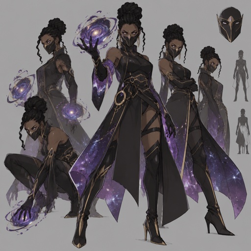 Female Villain with galaxy abilities, mask, African American, multiple of the same character