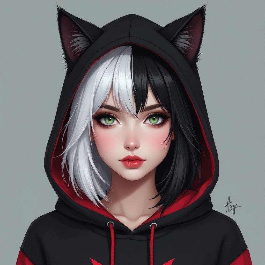 Młoda kobieta. Włosy do ramion, z grzywką, prawa połowa włosów biała, lewa połowa włosów czarna. Okrągła, pyzata twarz. Szaro-zielone oczy. Wąskie, małe usta. Ubrana w czarno czerwoną bluzę z kaptórem z kocimi uszkami