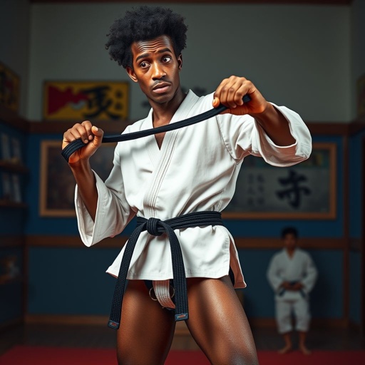 Create a character who looks like a funny African karate guy who doesn’t have a clue what he is doing. Make him have weird toes, only speedos on and a black karate belt. Make him tal skinny and slinky.