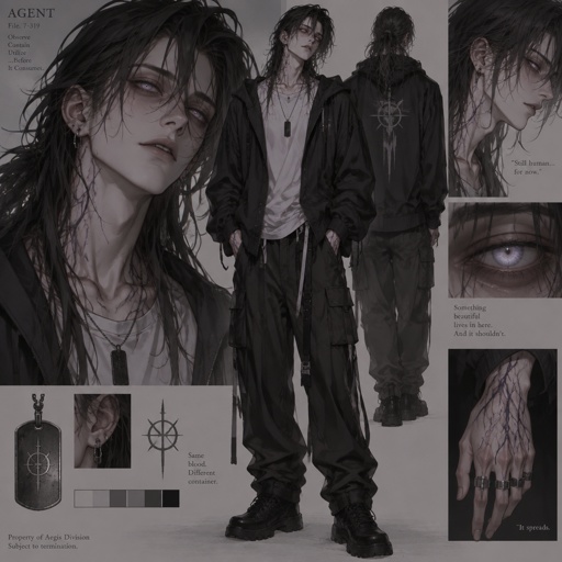 Anime style, Agent Ward male,highly skilled,long hair ,dark bags under his eyes,strange power, child like glow in his eyes pale,mysterious,earrings,wearing casual attire,Direct damage to core is lethal,Source of anomalous power, Veins darken and spread, dangerous