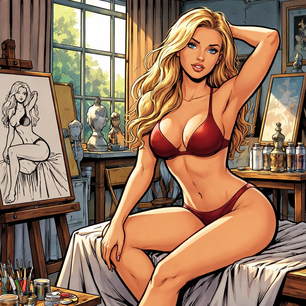 No caricature, no speech bubbles a model is posing in an artist studio