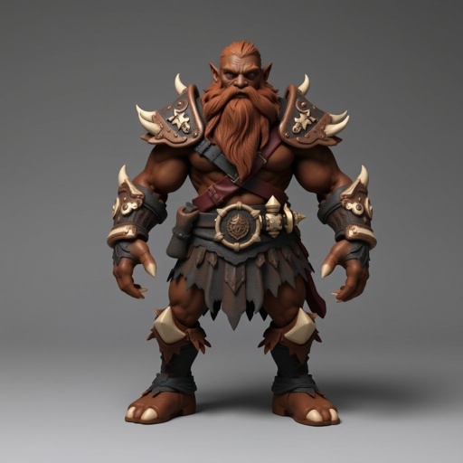 Create character hero Kael the Beastbound – A rugged, broad-shouldered man with dark brown skin and a rough beard, wearing armor made from bone and leather Show her whole body head to toe including her shoes.