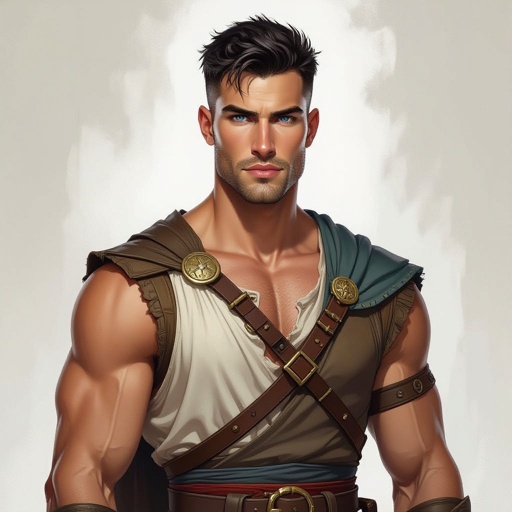 Mężczyzna. Wysoki o muskularnej budowie. Obcięty na jeżyka ciemne włosy. wygolone boki na zero. Włosy ulizane na bok. Delikatny zarost. Mocna budowa ciała. Orli nos. Pyzata twarz. Wąskie usta i jasne niebieskie oczy. Sportowiec. Ubrany w koszulkę bez rękawów zasłaniającą brzuch