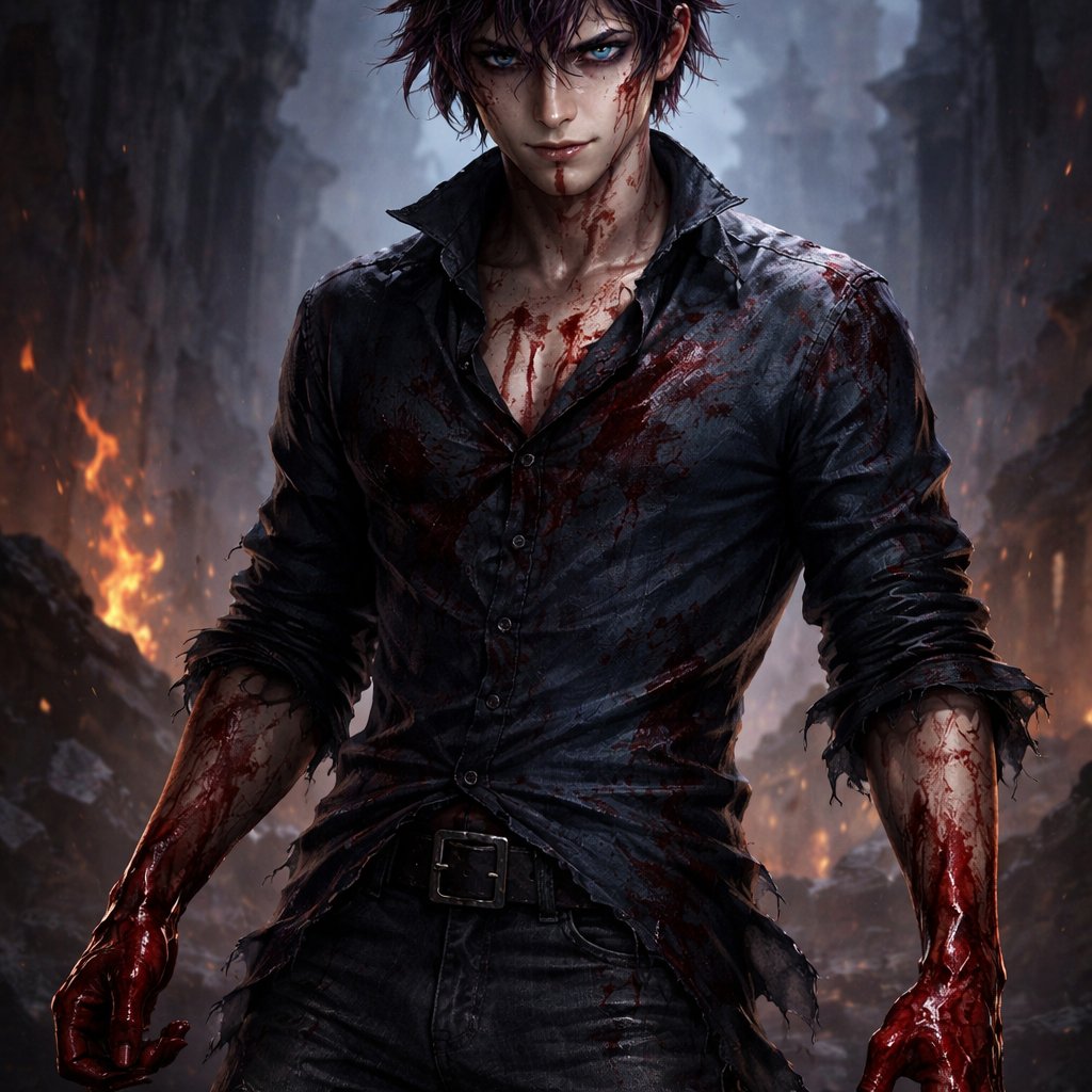 An 18 year old prince who has black hair with purple stripes and has blue eyes. He is wearing a blue shirt and jeans. He looks strong and confidant. His hands are covered in blood and he is smirking. He is wearing a golden crown.