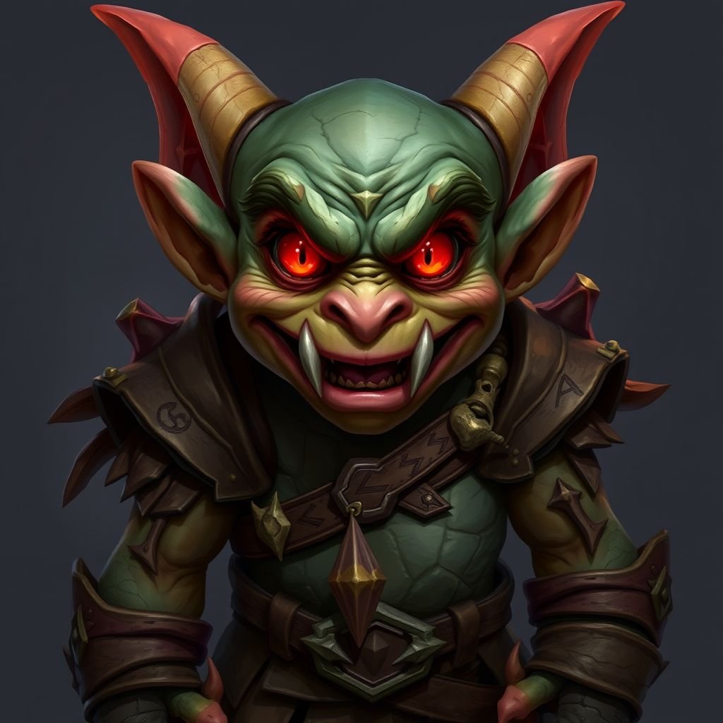 Goblin. Short. Muscular. Red eyes. Sharp teeth. Menacing grin. 