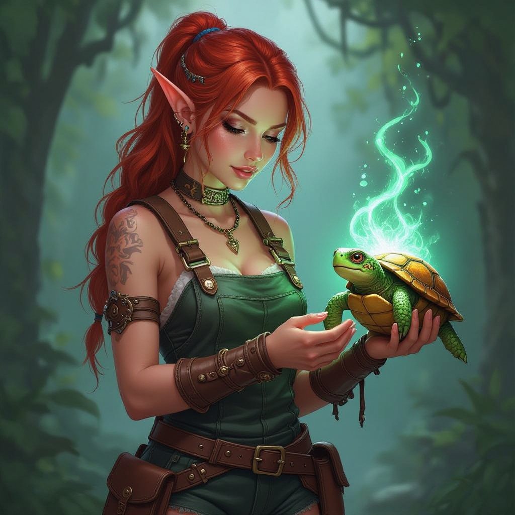 Red Head Half Elf Female Artificer in small leather short overalls with Tiny Turtle Construct