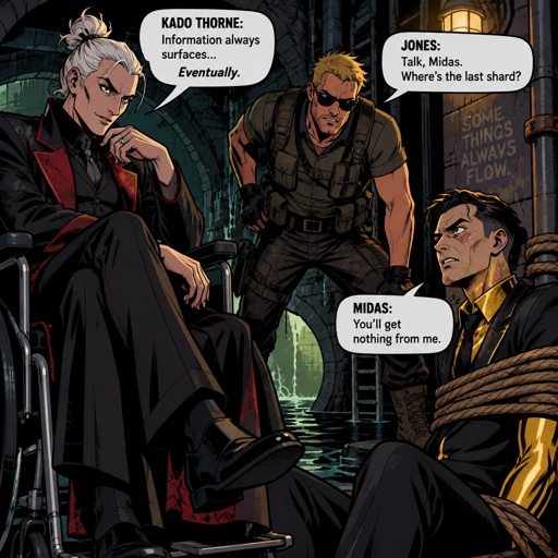 Kado Thorne from Fortnite medium length white back hair bun pale skin in a wheelchair, jones from Fortnite wearing sunglasses and stubble, Midas from Fortnite tied up, all in the sewer
