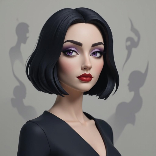 Show her entire body. Create mysterious woman jet-black hair is cut sharp to her jawline, and her violet eyes seem to pierce through darkness. A shadowy aura clings to her form, faint shapes shifting and flickering behind her like whispers of another realm. Show whole body head to toe