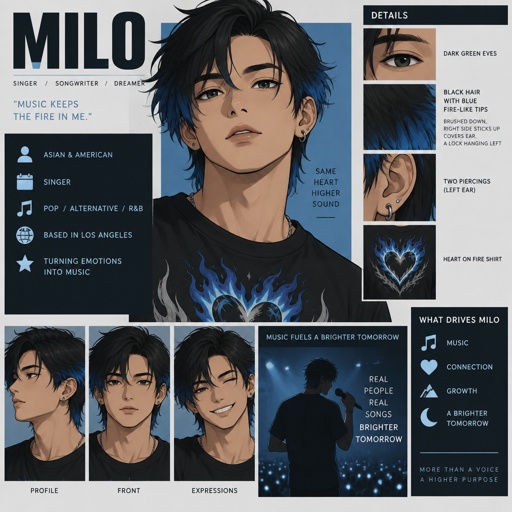 Male, Milo, Asian and American, brushed down with the right side more sticking up and covering his ear more has little bit of hair hanging down closer to the left side of his face hair is a little close to his neck black hair with tips of hair died blue that look like a Blue fire, dark green eyes, two ear piercings on the left side, wears a shirt with a hart on fire in the middle,is a singer