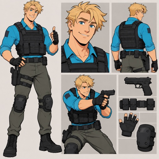 Male, messy blonde hair, all hair brushed to one side, hair in middle of forehead, smiling, cyan shirt, bulletproof vest, fingerless gloves, knee pads, belt with gun