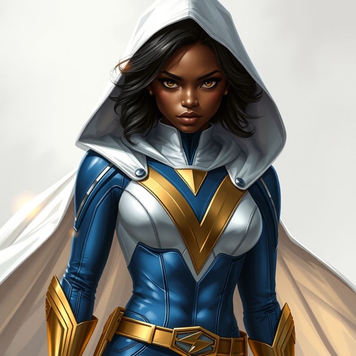 A teenage African American female superhero  wearing a white  cloak with a hood over a professionally made slightly armored white and blue suit with blue pants gold accents and a stylized V as her chest emblem a utility belt and gold boots