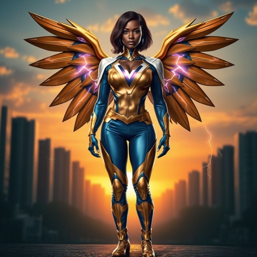 African American female superhero with neck length hair in a side part style wearing a leather gold blue and white suit with blue pants and gold boots with a stylized V as her chest emblem and lightning wings standing in a city at dawn