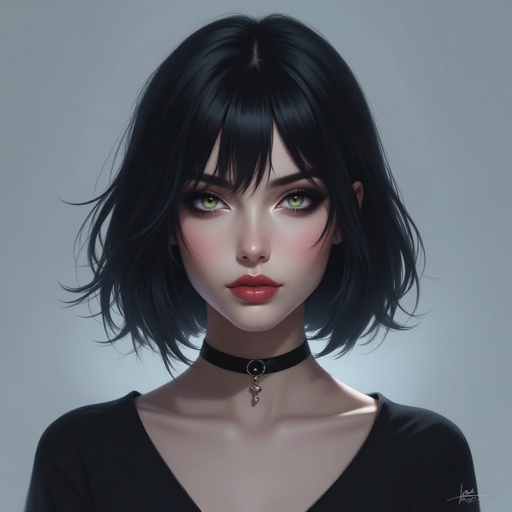 Create mysterious woman jet-black hair is cut sharpand her eyes seem to pierce through darkness. A shadowy aura clings to her form,