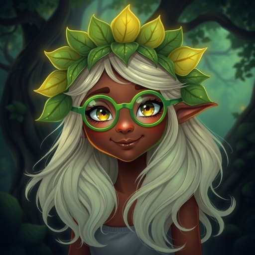 Brown skin, green leaf crown, blondeish whiteish curly hair , round green glasses, smiling