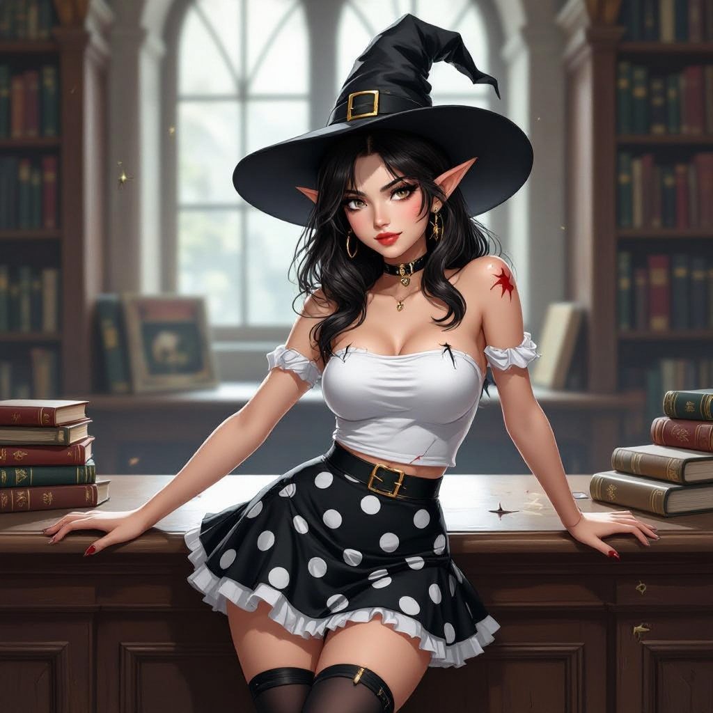 Tight Black and White Polka Dot Miniskirt Elf Witch Librarian with Brunette Hair. Tight white tube top and witches hat. Laying on top a library counter. Battle Damaged