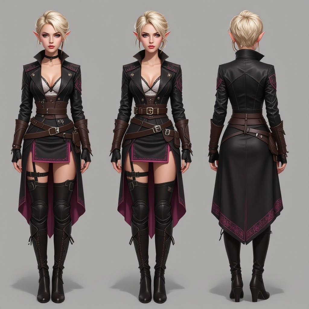 Blonde pixie cut Female High Elf Cop Assassin in Black and Pink and Brown Shear Lace & Leathers and Skirt full body