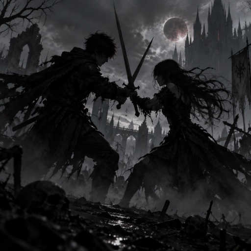 Silhouettes of a boy and girl sword fighting. Make the image closer. 