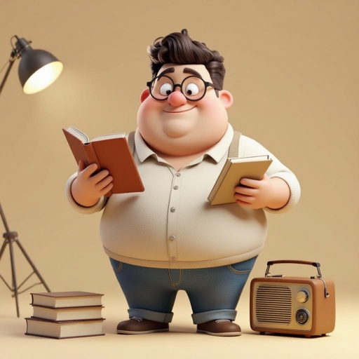 Create a funny fat guy who looks high is has a book box radio 