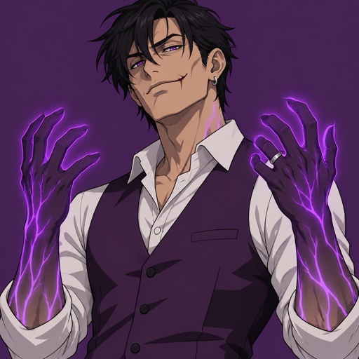 Male, black messy hair, side bangs, scar on lip, ear piercing ring, mid 40s, slim, glowing purple hands, purple glowing veins, smiling, bad guy, purple vest, white shirt, wedding ring