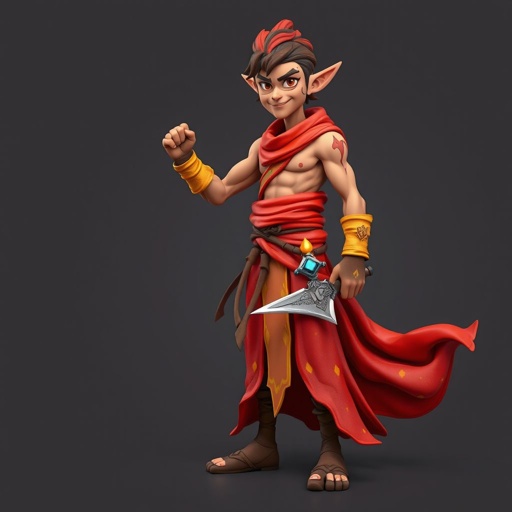 Create handsome hero Rhen the Fire – A lean, muscular man. He wears layered, flowing desert robes dyed in warm reds and golds, with scorch marks where flames have licked them. A curved blade hangs at his hip. Show whole body head to toe including her shoes.