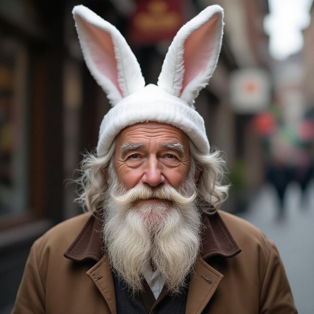 A old man with a beard and white rabbit ears