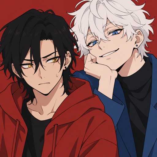 Male, Asian, neck length black hair, yellow eyes, eyeliner, wears red casual clothes, nervous, small mouth, male, fluffy white hair, big blue eyes, long smile, snobby, wears blue,