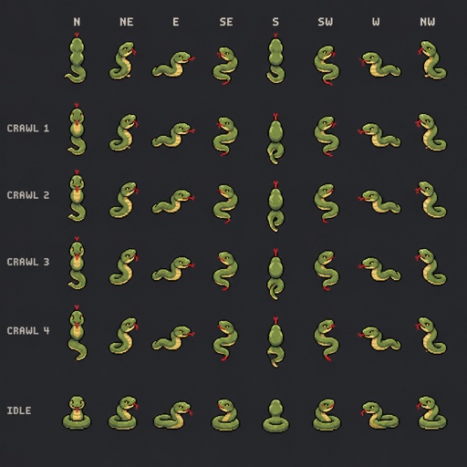 Animal snake for a fantasy game set in modern times, top-down style, 360, different colors, crawling