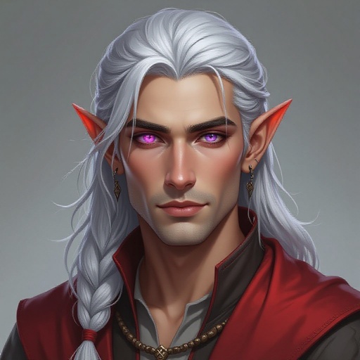 Silver hair man. Lean. One purple eye and one grey eye. Wearing red and grey.