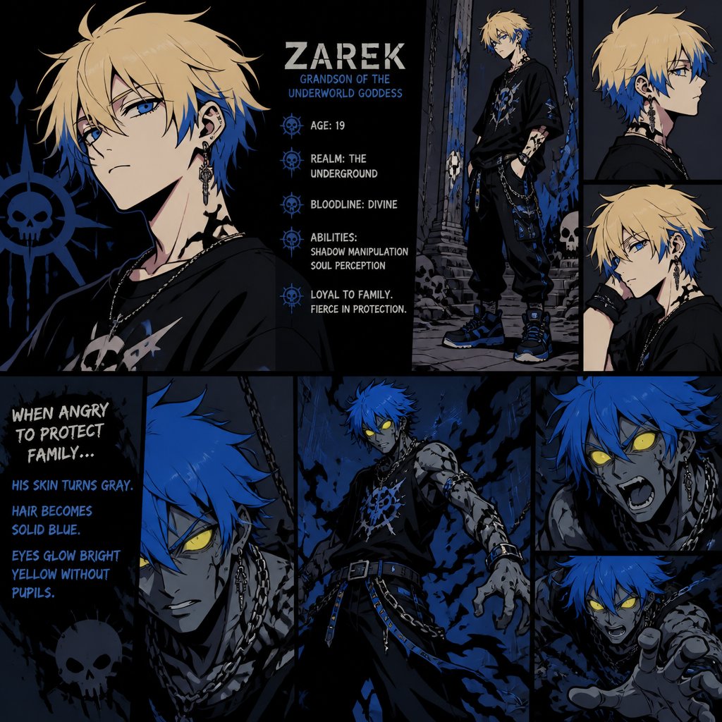 Anime male grandsons of the goddess of the underworld very excited boy with blonde hair and died blue tips hair styled with being up to neck length and one side having hair clips and his top hair is more bushed up his other side of hair being loosed with no hair clips and blue eyes has the power of death and always looks at the good things in life When he gets very angry and emotional usually from that of harm or death to family and friends his dark side will come out and his skin will become gray his hair becomes full blue and his tips a slight darker blue his eyes become a bright yellow with no pupils his powers become extremely strong very dangerous to be near him during this