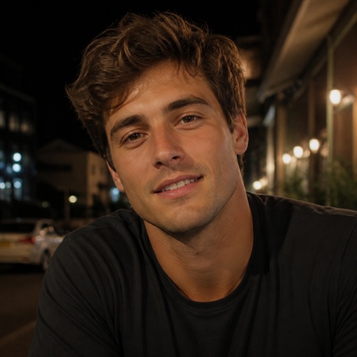 26-year-old adult man with tousled medium-brown hair and brown eyes. Naturally athletic build.  Soft, natural facial proportions with a gently tapered jaw, moderate definition, smooth contours, and a natural chin.  Warm, open, emotionally genuine eyes with a relaxed, unguarded gaze. His expression feels kind, intelligent, easygoing, and subtly playful. His eyes feel alive and naturally expressive.  Approachable, trustworthy presence. He looks like a real 26-year-old man, comfortable and at ease rather than posed.  Natural facial asymmetry and believable human proportions.