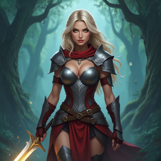 Lady. Dark blonde hair. Dark eyes. Tan skin. Strong build. Wearing a red and grey.
