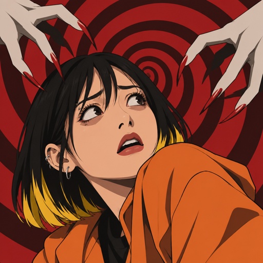 Asian female, with straight black neck length hair, yellow tips, side bangs on one side, eyebrow piercing, under eye mascara, ear piercing, cool clothes orange, looking up scared, red spiral background, two hands with sharp fingers red tips going towards her 