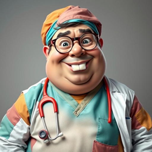 .. create a fat doctor. Who is funny human looking from head to toe. And he always immediately results to surgery for anything even small things. So please be sure to show his whole outfit head to toe. Make him have 1 tooth. Make it more adult humor instead of cartoon humor.