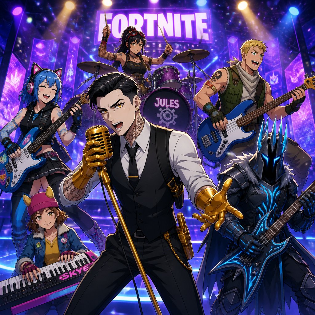 Midas Jules Jonesy hope sky ice king from Fortnite Midas really singing on a microphone singing “feeling good “ Jules playing drums and hope with blue hair and cat ear headphones playing the guitar happy and Jonesy playing the base excited sky playing the electric piano and ice king playing guitar on a stage