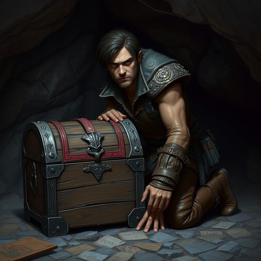 Closed wooden treasure chest with red banding sitting on cave floor