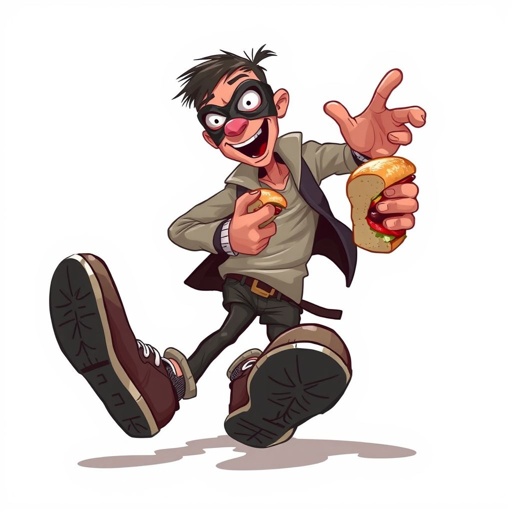 Create a funny looking clumsy thief with funny shoes on. Make him have on the bandit black thing around his eyes. And wanted for stealing sandwiches 